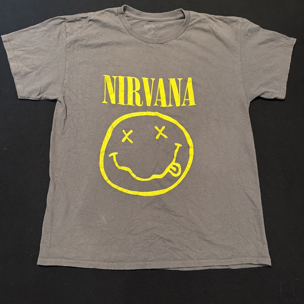 Nirvana Gray Smiley Face 1992 Graphic Band Rock Tee Reprint Mens Size Large